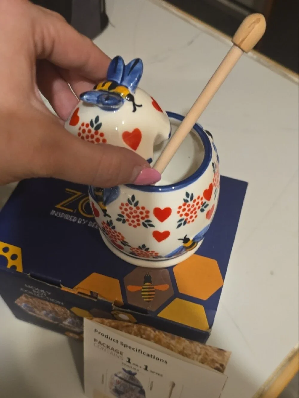 ZOOBEE NWT Ceramic Honey Jar with Blue Accents and Red Heart Motif With Bees